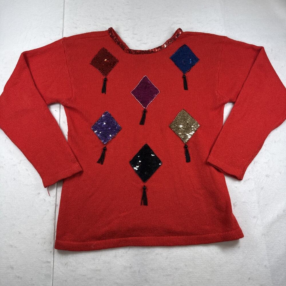 Vtg 80s Silk Angora Sequin Harlequin Diamond Sweater L Ugly Christmas Party Red